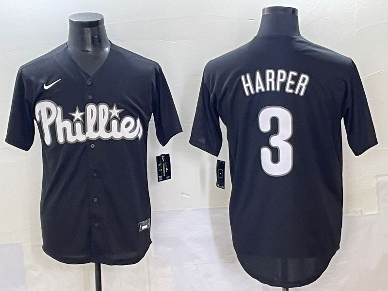Men 2025 Philadelphia Phillies 3 Harper Black Fashion Nike MLB Jersey style 7041